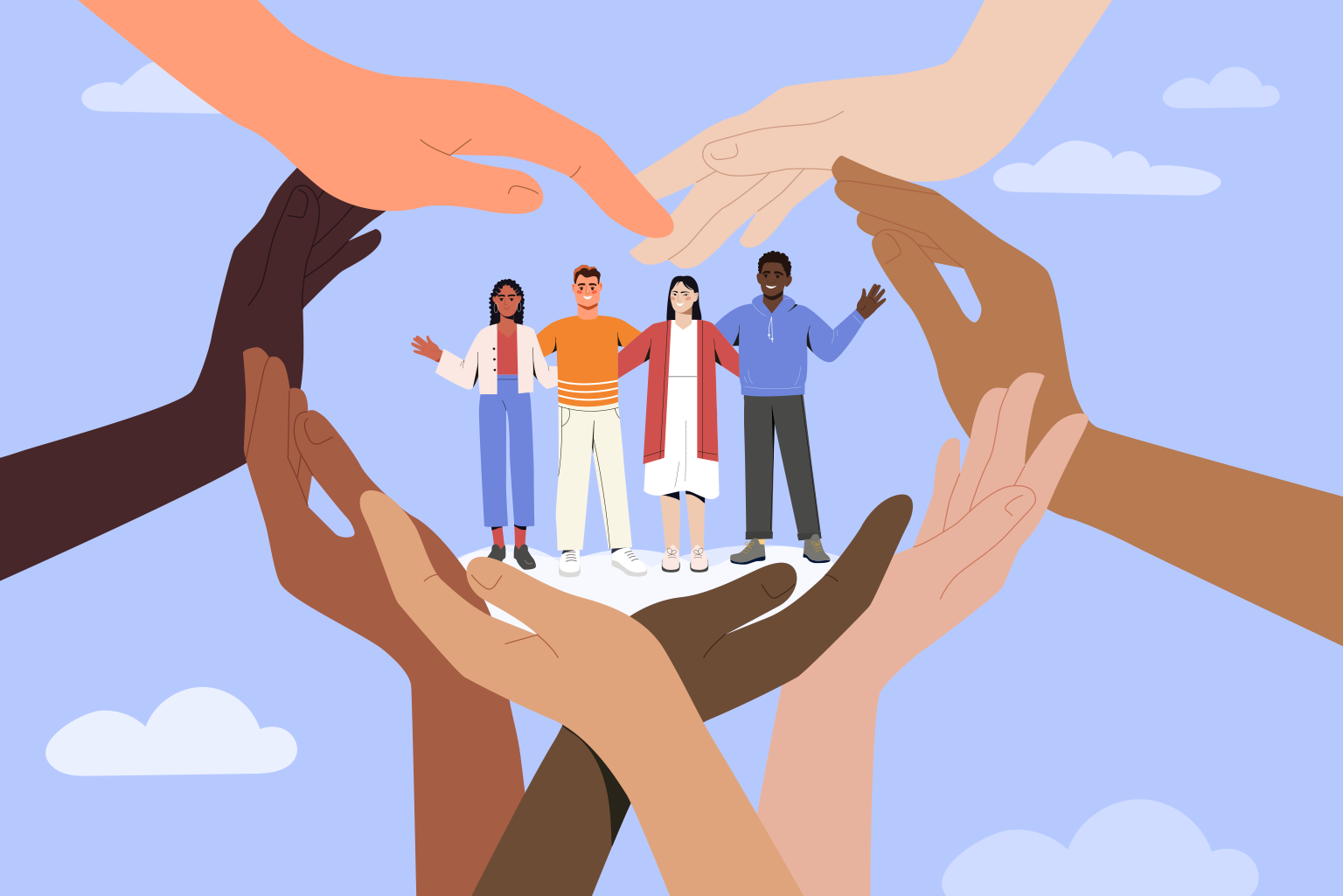 Hands in heart shape surrounding diverse group representing caring for others